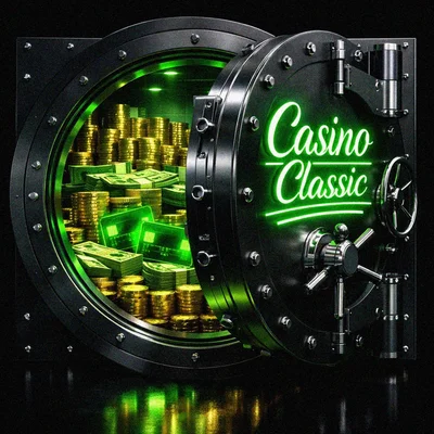 Secure banking vault open with glowing neon sign